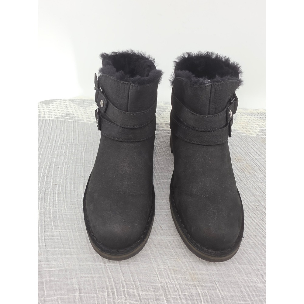 UGG Elora Black Suede Sheepskin Lined Moto Ankle Boots 1012493 Womens 6